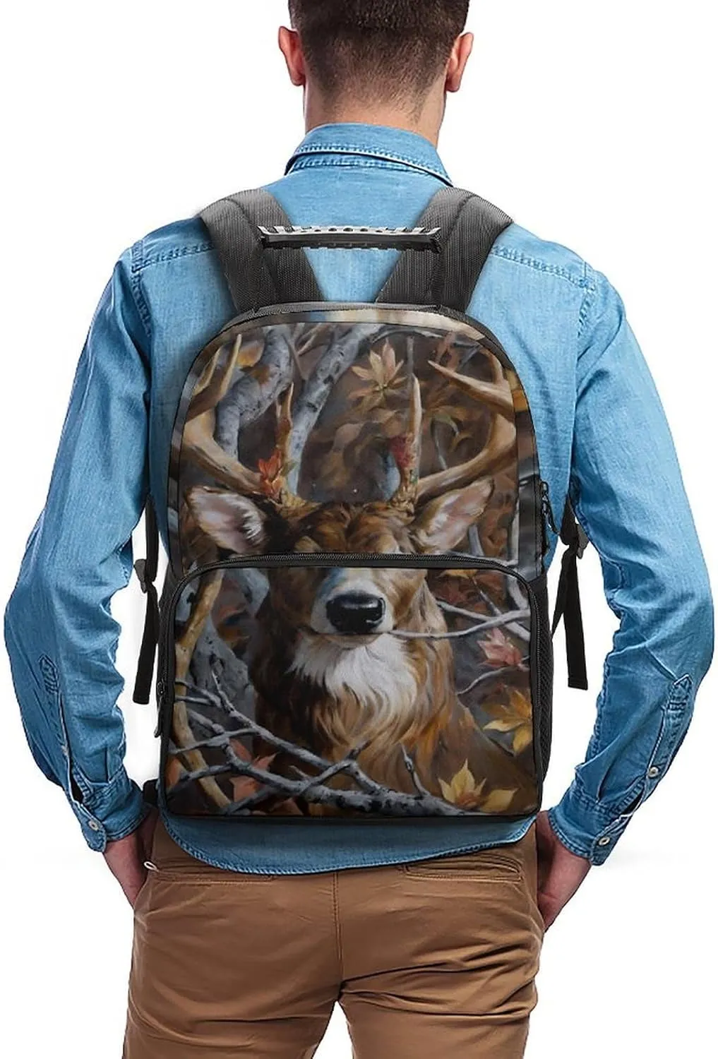 Men Women Lightweight Camo Elk Deer Withered Branches Casual Daypack Big Capacity Bookbag With Padded Straps for Gym Travel Walking Cycling