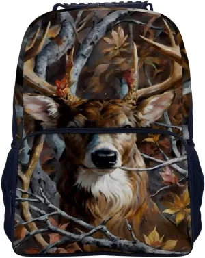Men Women Lightweight Camo Elk Deer Withered Branches Casual Daypack Big Capacity Bookbag With Padded Straps for Gym Travel Walking Cycling