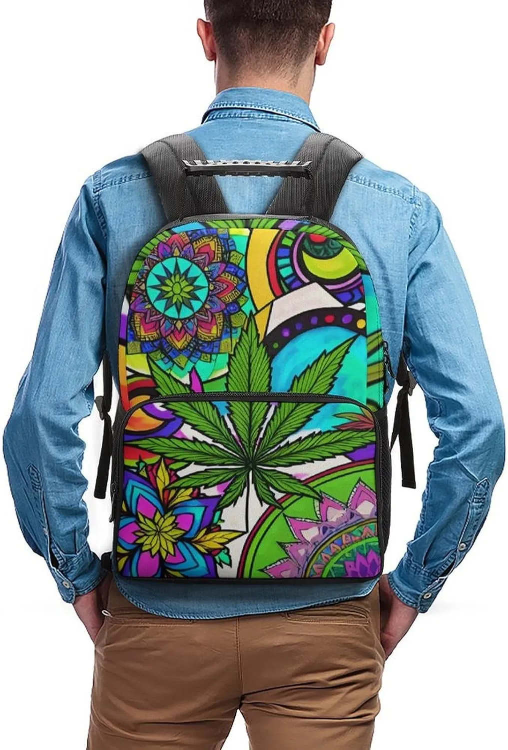 Men Women Lightweight Marijuanaweed Mandala Colorful Art Backpack Large Capacity Bookbag With Smooth Zippers for Gym Business Running