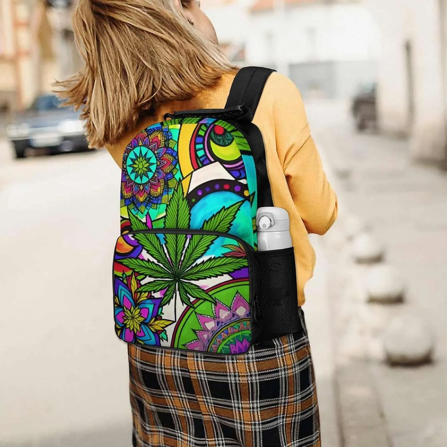 Men Women Lightweight Marijuanaweed Mandala Colorful Art Backpack Large Capacity Bookbag With Smooth Zippers for Gym Business Running