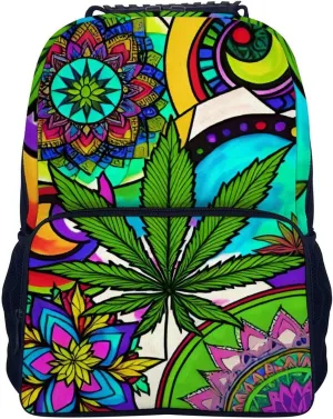 Men Women Lightweight Marijuanaweed Mandala Colorful Art Backpack Large Capacity Bookbag With Smooth Zippers for Gym Business Running