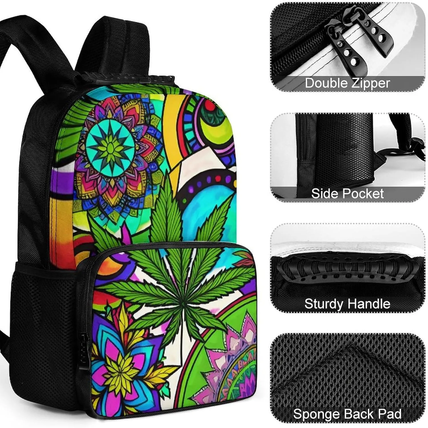 Men Women Lightweight Marijuanaweed Mandala Colorful Art Backpack Large Capacity Bookbag With Smooth Zippers for Gym Business Running
