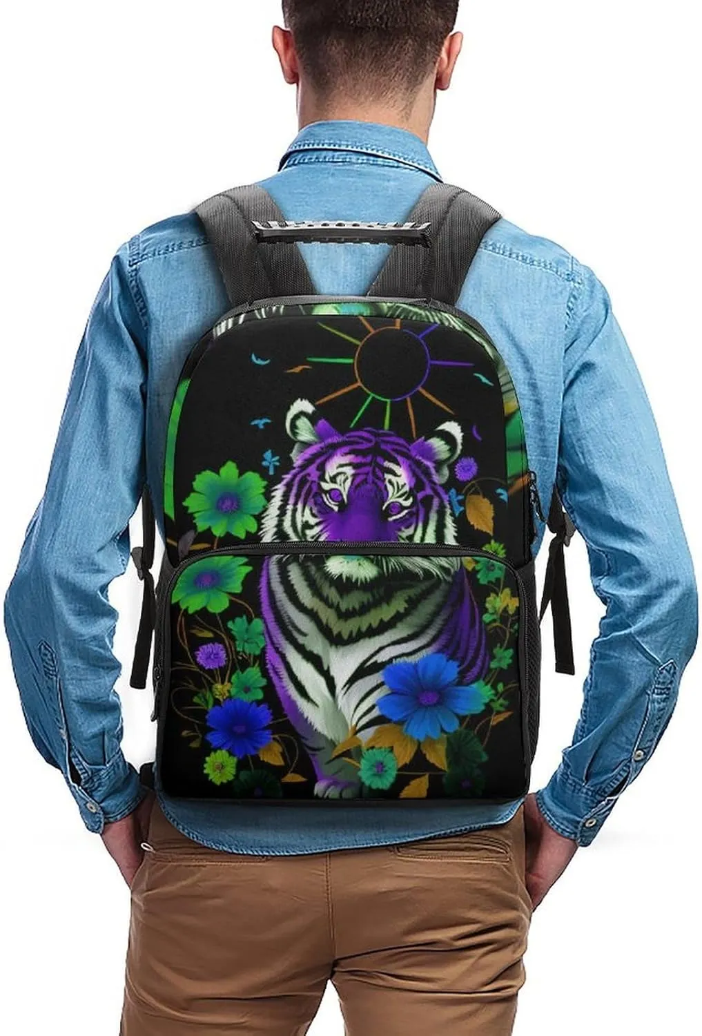 Men Women Lightweight Trippy Tiger Animal Flower Art Backpack Large Capacity Carry On Bag With Padded Straps for Sports Work Walking Cycling