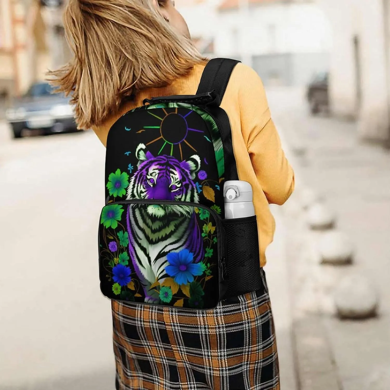Men Women Lightweight Trippy Tiger Animal Flower Art Backpack Large Capacity Carry On Bag With Padded Straps for Sports Work Walking Cycling