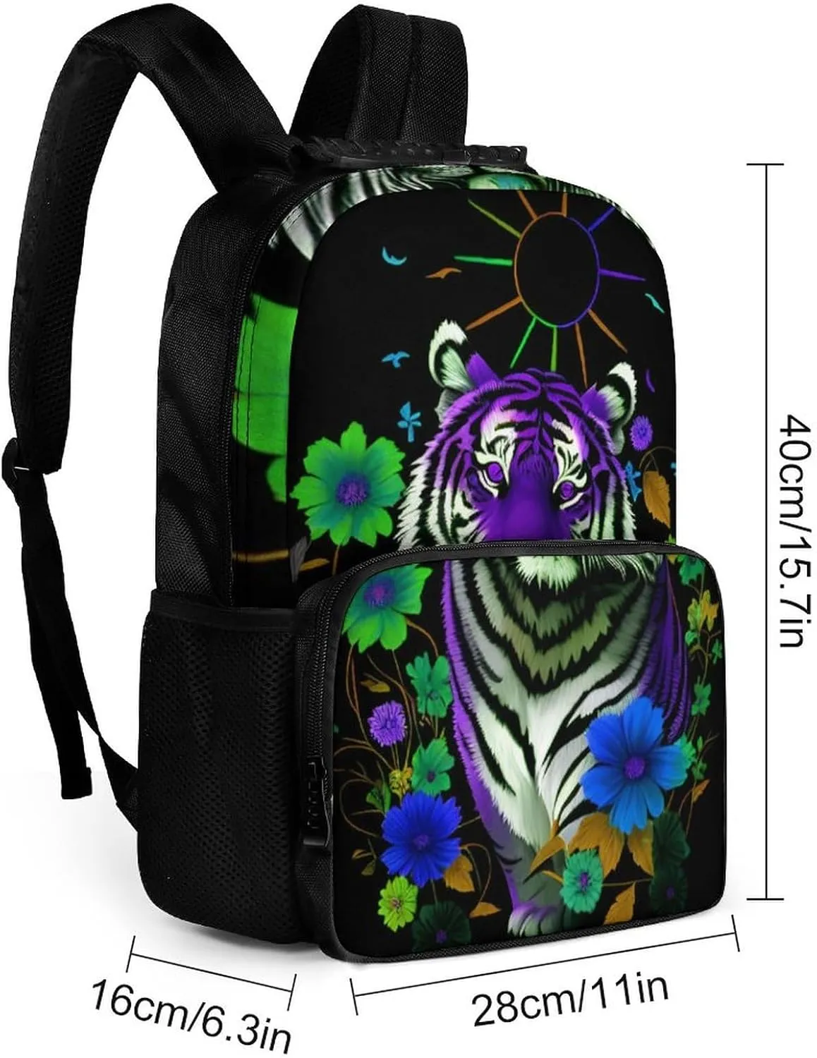 Men Women Lightweight Trippy Tiger Animal Flower Art Backpack Large Capacity Carry On Bag With Padded Straps for Sports Work Walking Cycling