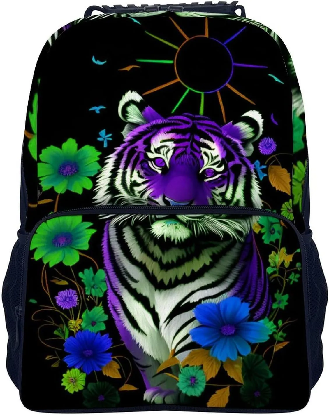 Men Women Lightweight Trippy Tiger Animal Flower Art Backpack Large Capacity Carry On Bag With Padded Straps for Sports Work Walking Cycling