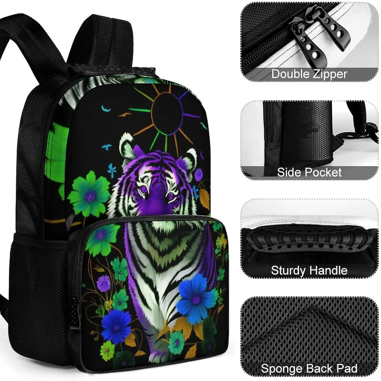 Men Women Lightweight Trippy Tiger Animal Flower Art Backpack Large Capacity Carry On Bag With Padded Straps for Sports Work Walking Cycling