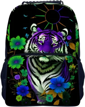 Men Women Lightweight Trippy Tiger Animal Flower Art Backpack Large Capacity Carry On Bag With Padded Straps for Sports Work Walking Cycling