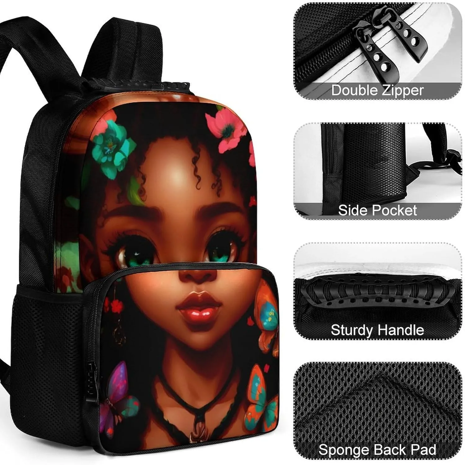 Men Women Polyester African American Women Black Woman Butterfly Flower Art Casual Daypack Large Capacity Carry On Bag With Adjustable Shoulder Straps for Camping Work Running