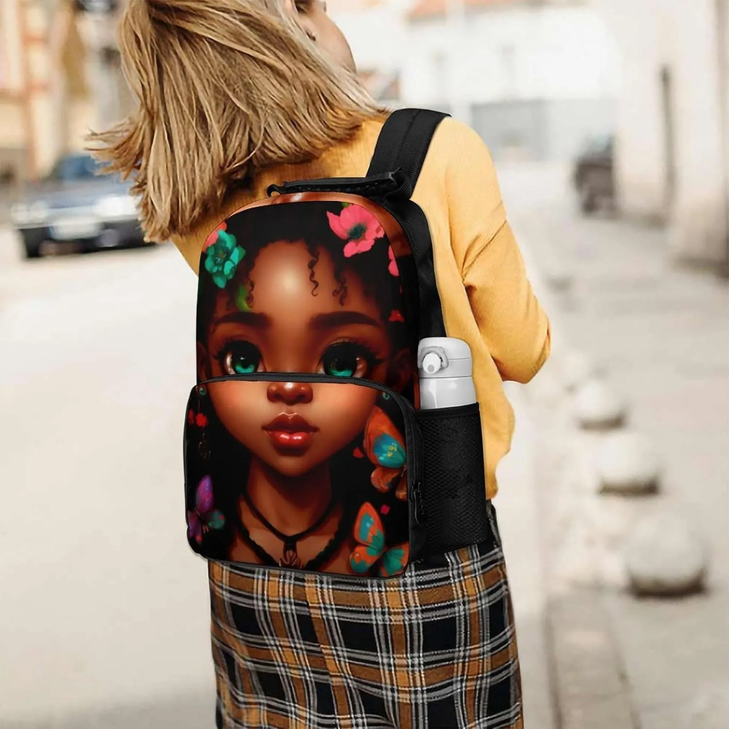 Men Women Polyester African American Women Black Woman Butterfly Flower Art Casual Daypack Large Capacity Carry On Bag With Adjustable Shoulder Straps for Camping Work Running