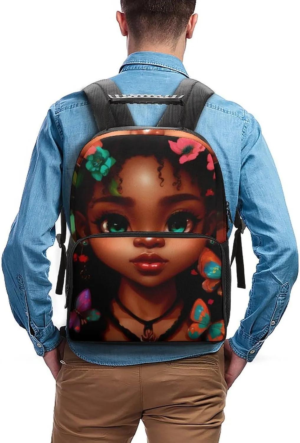 Men Women Polyester African American Women Black Woman Butterfly Flower Art Casual Daypack Large Capacity Carry On Bag With Adjustable Shoulder Straps for Camping Work Running