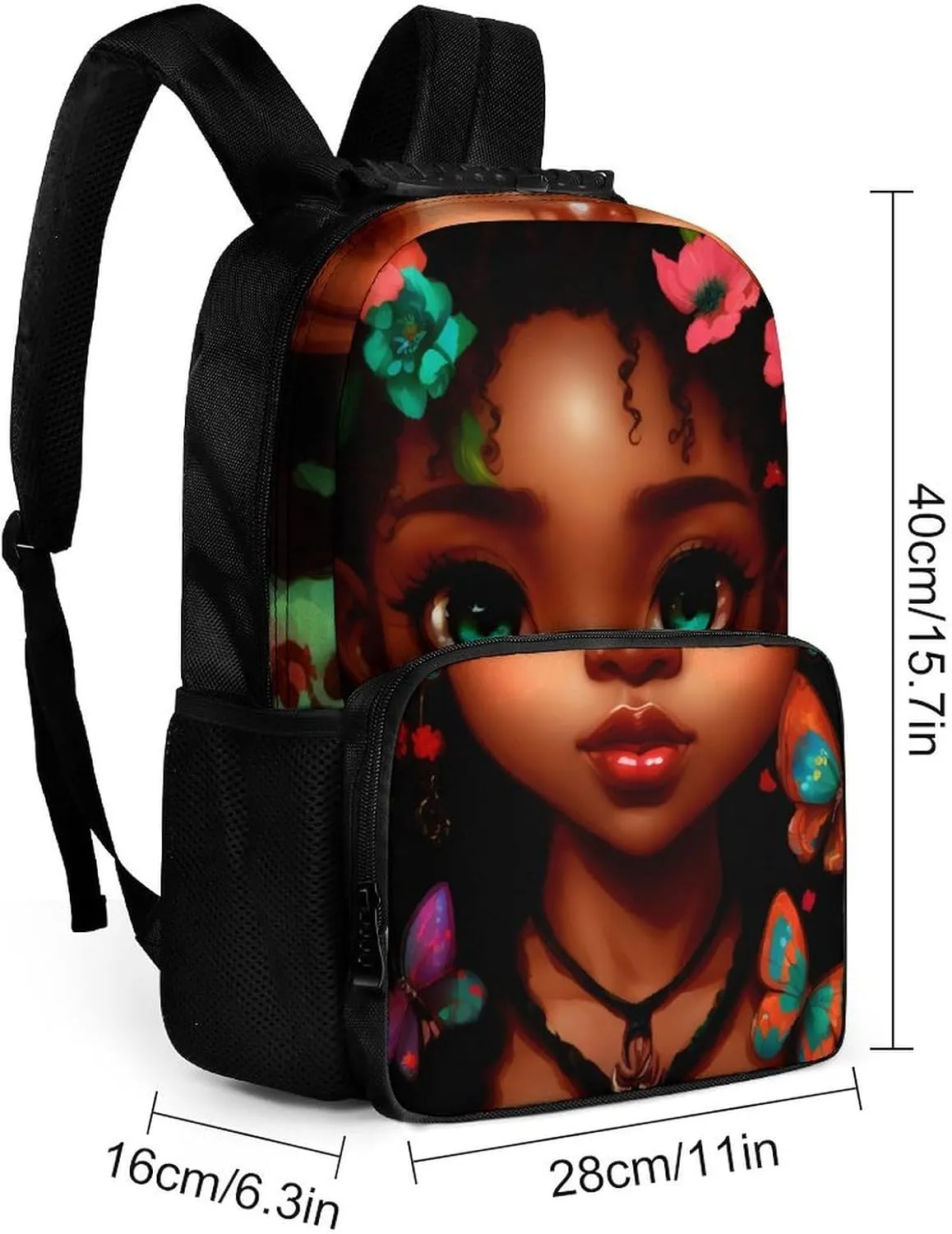 Men Women Polyester African American Women Black Woman Butterfly Flower Art Casual Daypack Large Capacity Carry On Bag With Adjustable Shoulder Straps for Camping Work Running