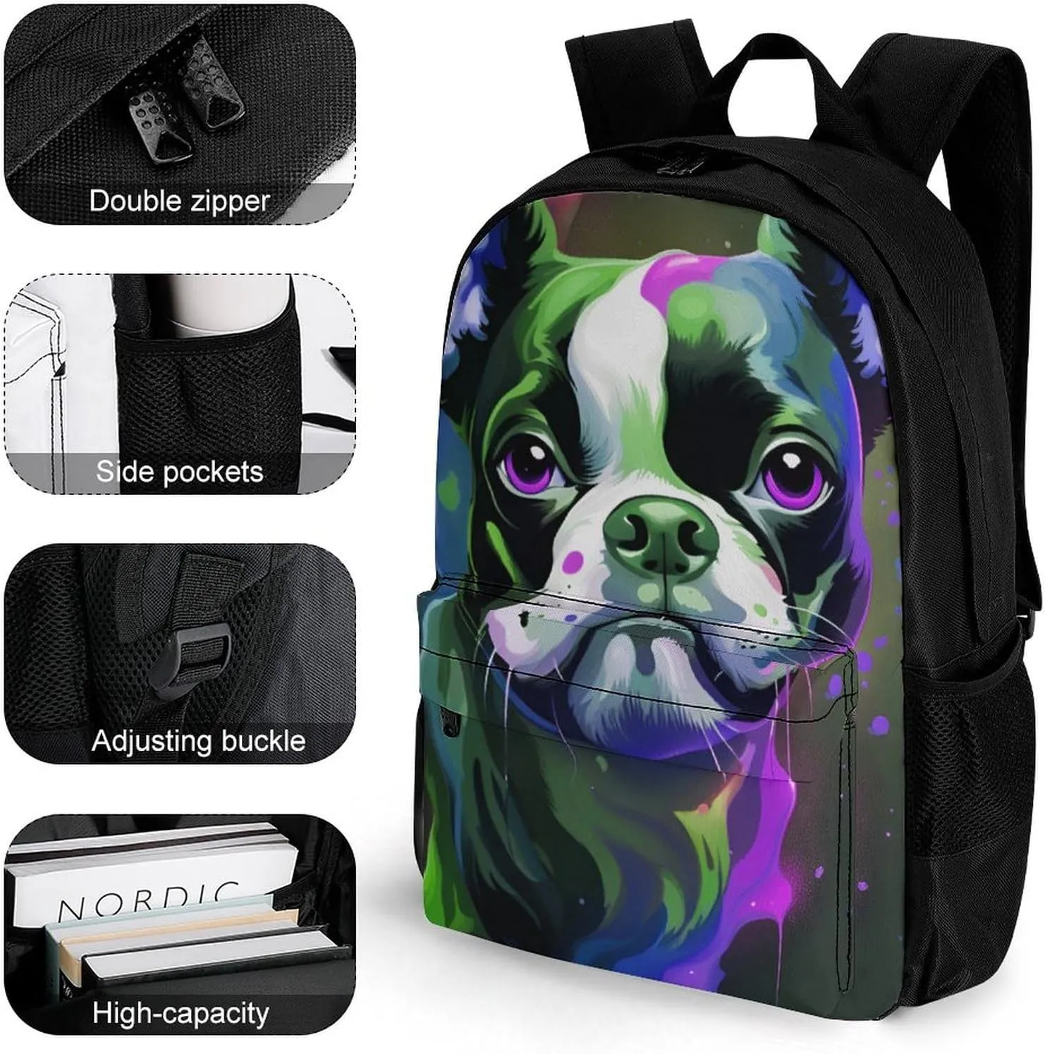 Men Women Polyester Colorful Boston Terrier Dog Art Daypack Big Capacity Shoulder Bag With Smooth Zippers for Hiking Work Walking Cycling