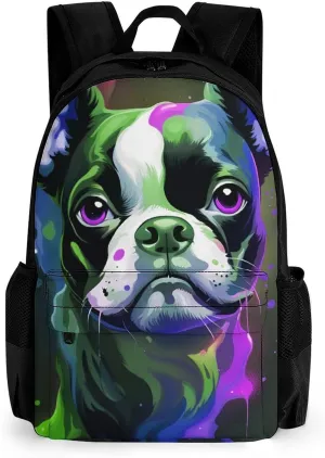 Men Women Polyester Colorful Boston Terrier Dog Art Daypack Big Capacity Shoulder Bag With Smooth Zippers for Hiking Work Walking Cycling