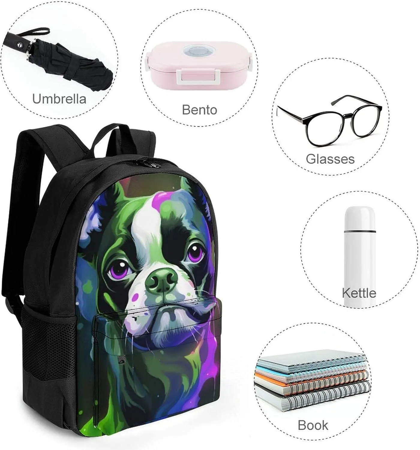 Men Women Polyester Colorful Boston Terrier Dog Art Daypack Big Capacity Shoulder Bag With Smooth Zippers for Hiking Work Walking Cycling