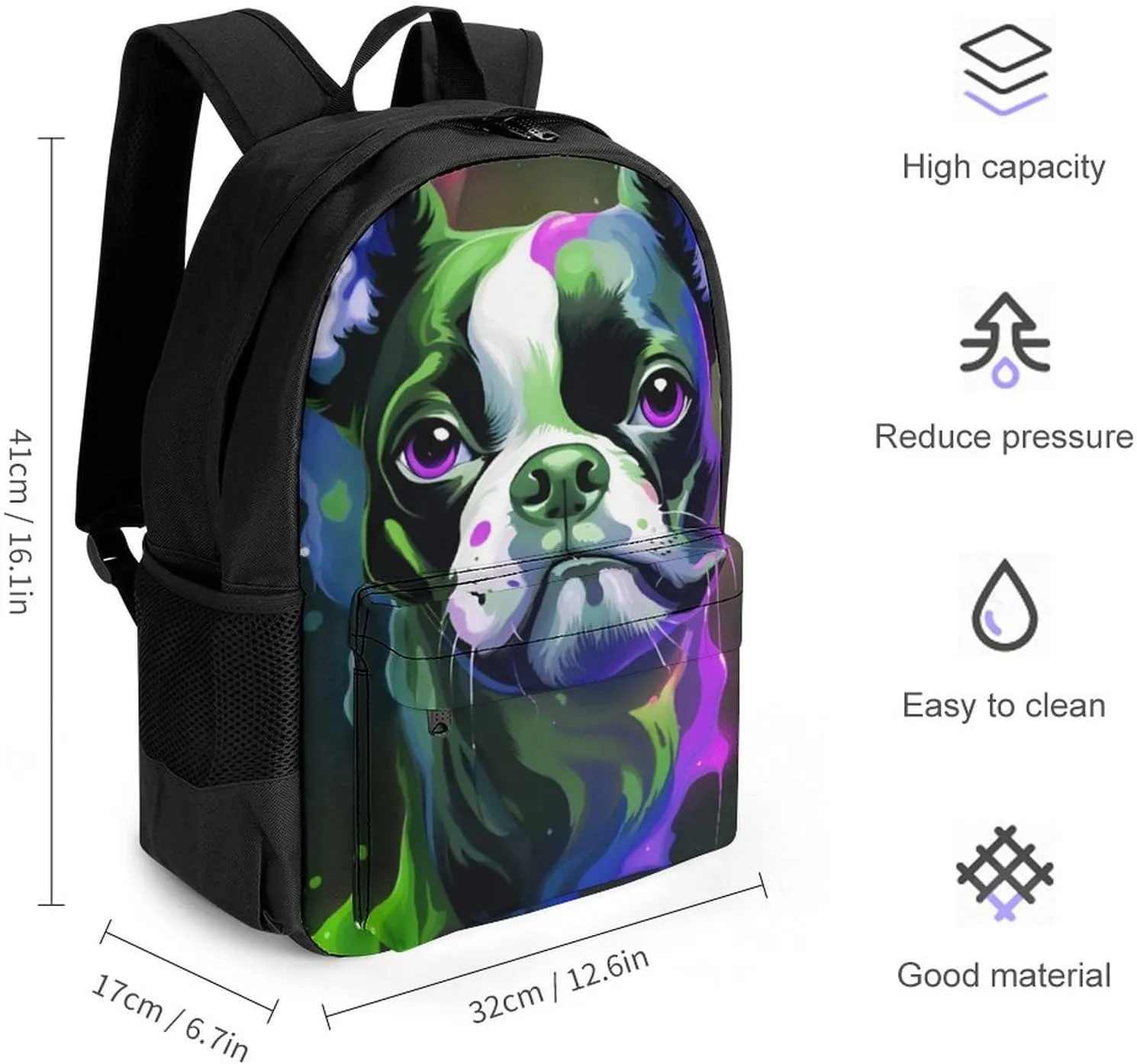Men Women Polyester Colorful Boston Terrier Dog Art Daypack Big Capacity Shoulder Bag With Smooth Zippers for Hiking Work Walking Cycling
