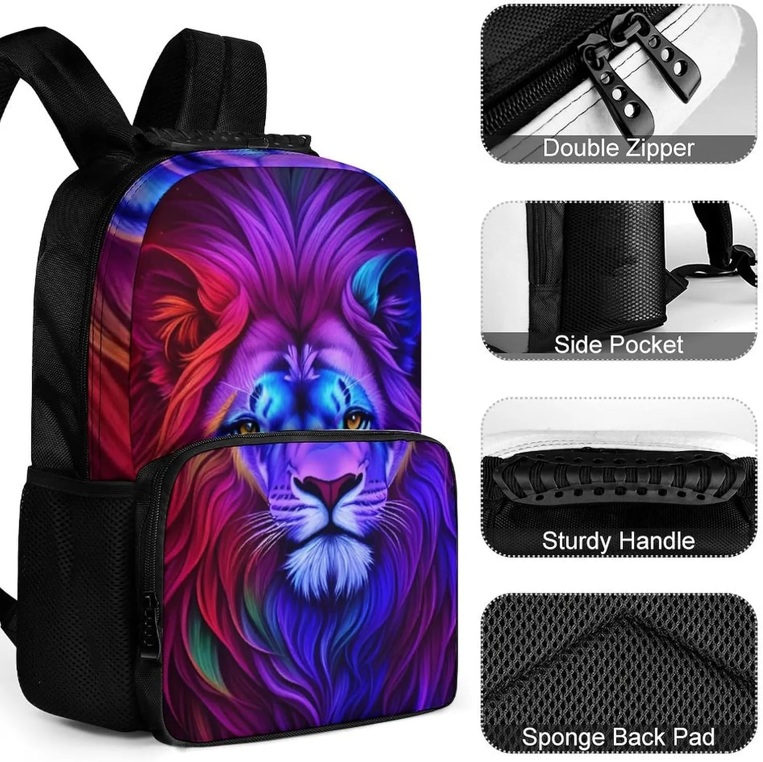 Men Women Polyester Psychedelic Lion Art Daypack Big Capacity Shoulder Bag With Adjustable Shoulder Straps for Camping Travel Walking Cycling