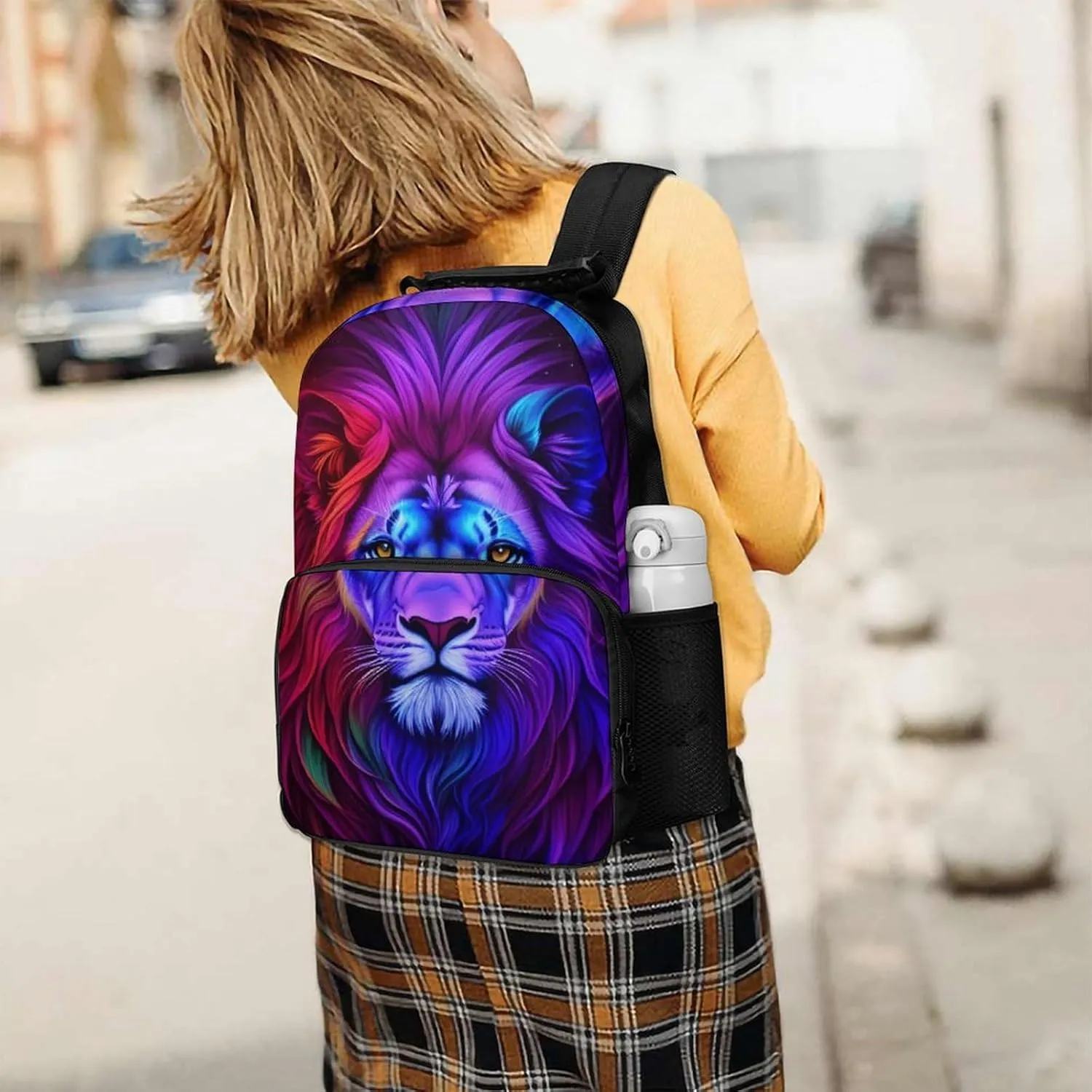 Men Women Polyester Psychedelic Lion Art Daypack Big Capacity Shoulder Bag With Adjustable Shoulder Straps for Camping Travel Walking Cycling