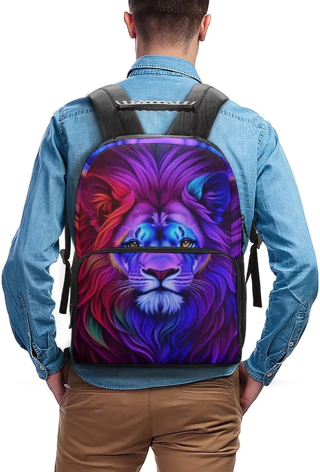 Men Women Polyester Psychedelic Lion Art Daypack Big Capacity Shoulder Bag With Adjustable Shoulder Straps for Camping Travel Walking Cycling