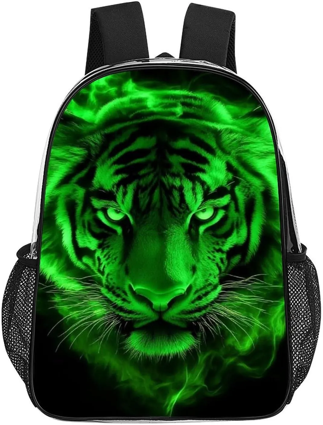 Men Women Transparent Cool Tiger Head Green Fire Art Daypack Big Capacity Shoulder Bag With Smooth Zippers for Hiking Work Walking Cycling