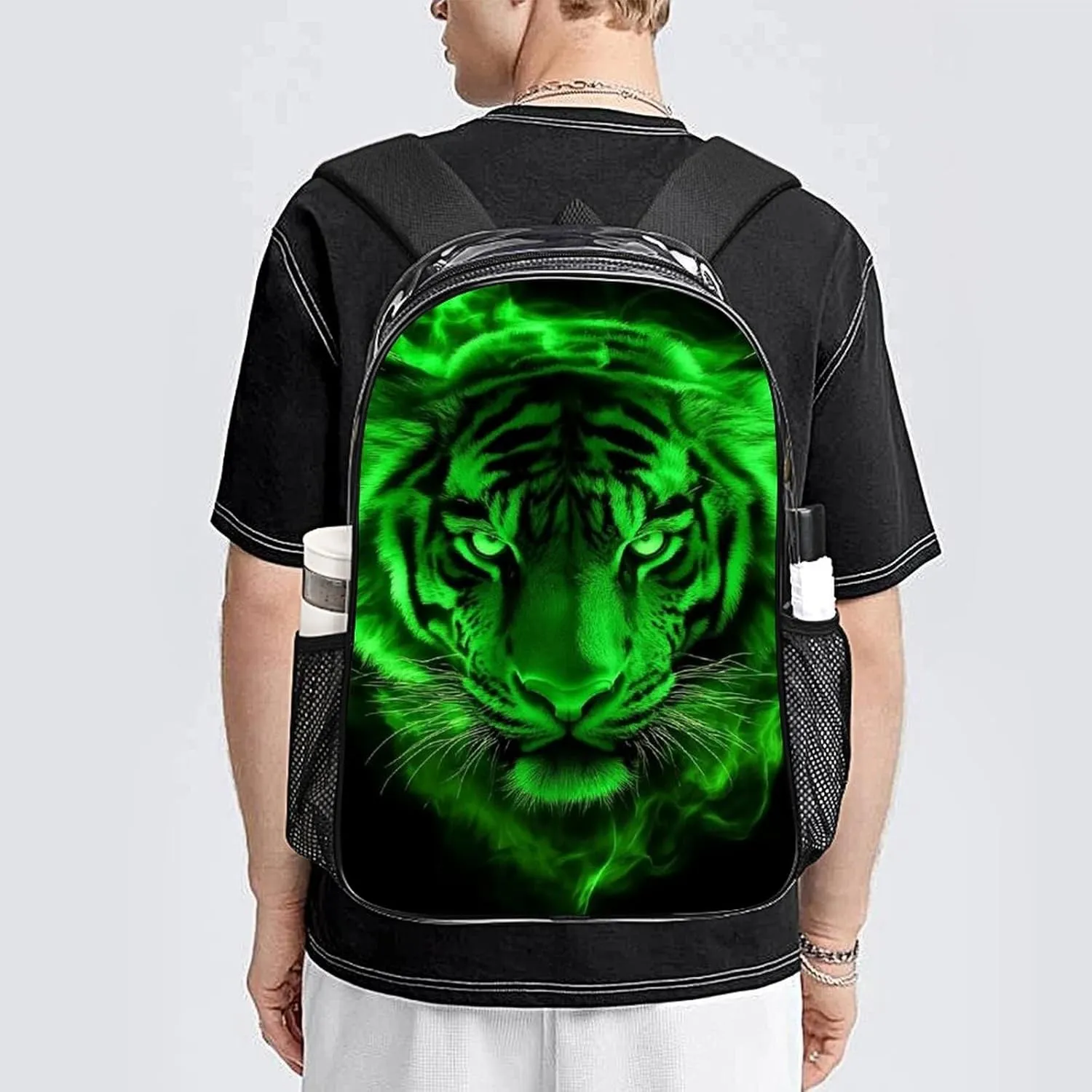 Men Women Transparent Cool Tiger Head Green Fire Art Daypack Big Capacity Shoulder Bag With Smooth Zippers for Hiking Work Walking Cycling
