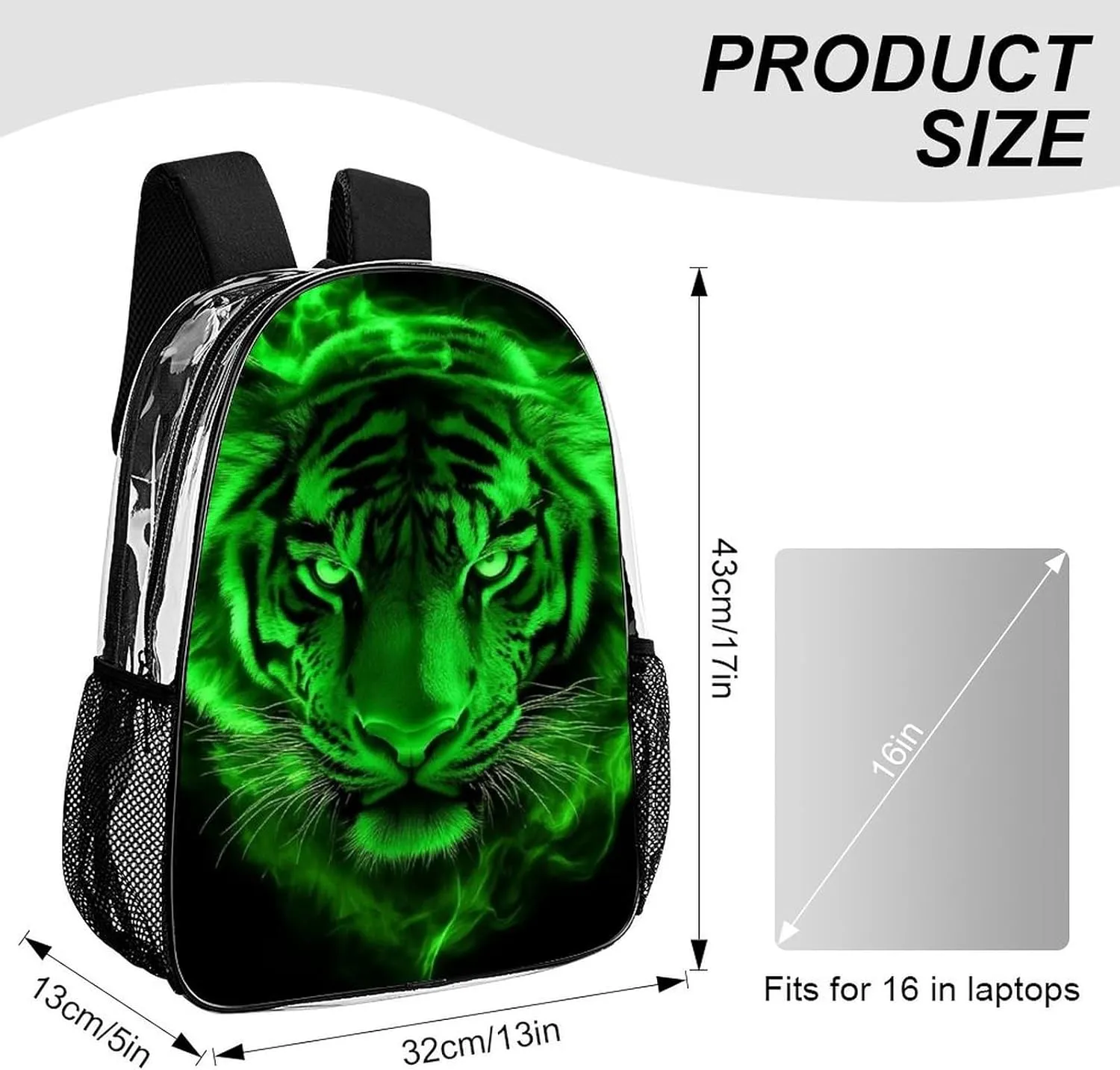 Men Women Transparent Cool Tiger Head Green Fire Art Daypack Big Capacity Shoulder Bag With Smooth Zippers for Hiking Work Walking Cycling