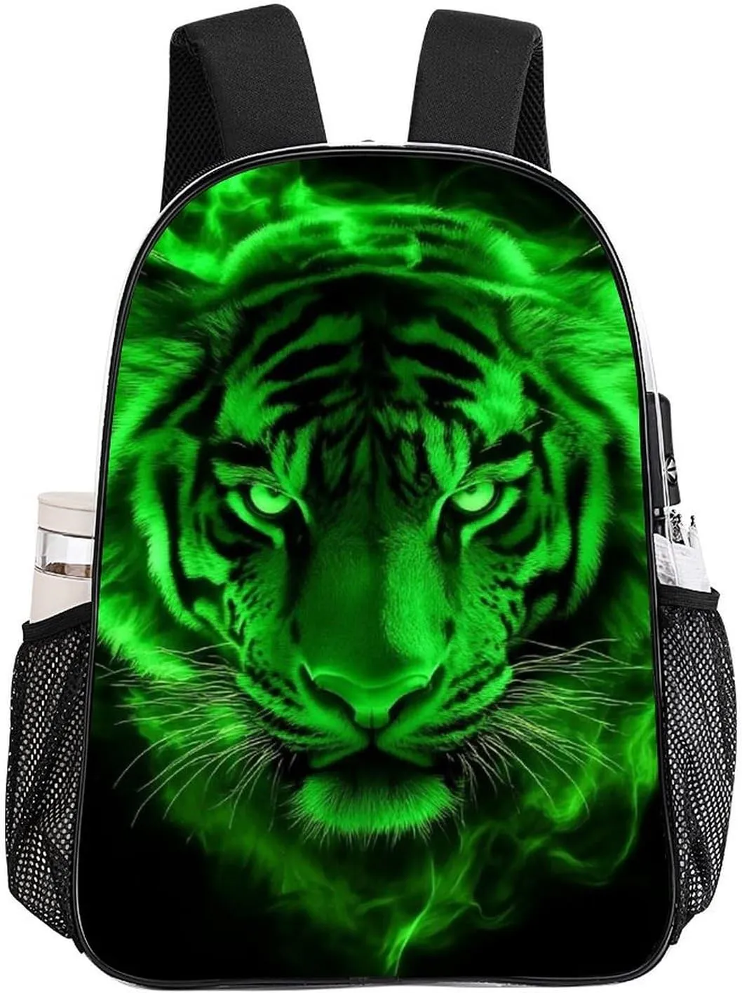 Men Women Transparent Cool Tiger Head Green Fire Art Daypack Big Capacity Shoulder Bag With Smooth Zippers for Hiking Work Walking Cycling