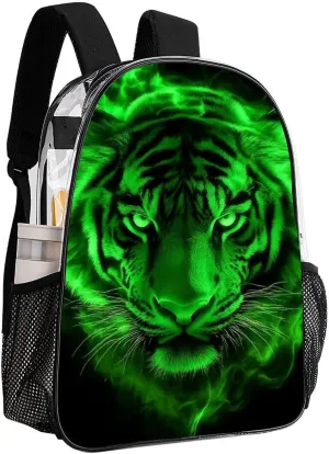 Men Women Transparent Cool Tiger Head Green Fire Art Daypack Big Capacity Shoulder Bag With Smooth Zippers for Hiking Work Walking Cycling