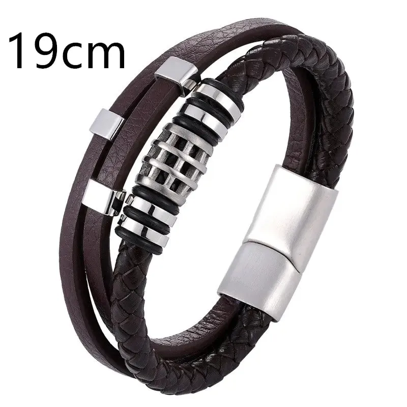 Men's Multi-Layer Leather Bracelet with Stainless Steel