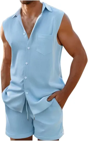 Men's Summer Beach Outfits Sleeveless Shirts and Shorts Summer Vacation 2 Piece Outfits Casual Lightweight Tracksuit