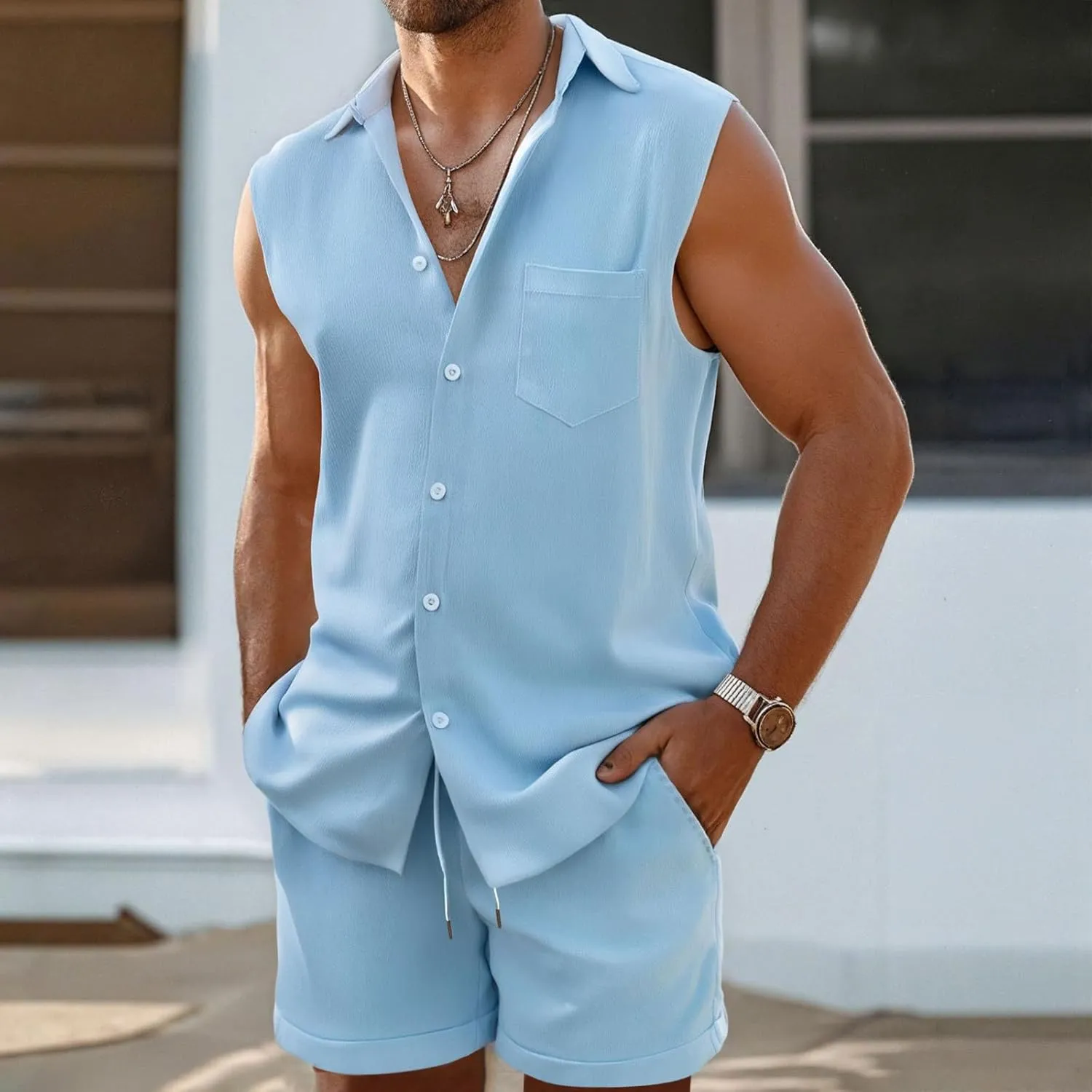 Men's Summer Beach Outfits Sleeveless Shirts and Shorts Summer Vacation 2 Piece Outfits Casual Lightweight Tracksuit