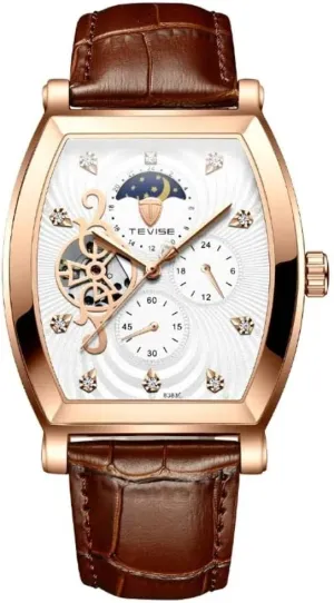 Men's Wine Barrel Square Dial Fully Automatic Mechanical Watch with Hollow Out Design Waterproof Leather Luminous Men's Watch