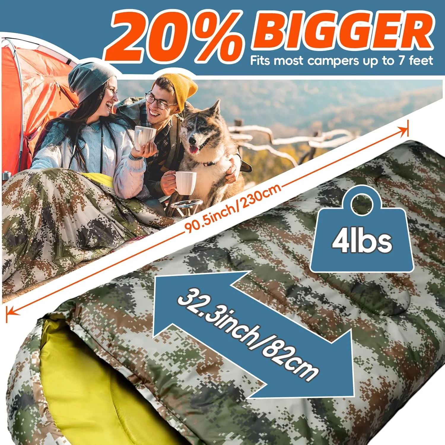 MEREZA Sleeping Bag XL for Adults Mummy Sleeping Bag for Cold Warm Weather 20 Degree Big Tall Men Sleeping Bags Queen Size Woodland Camping Hiking