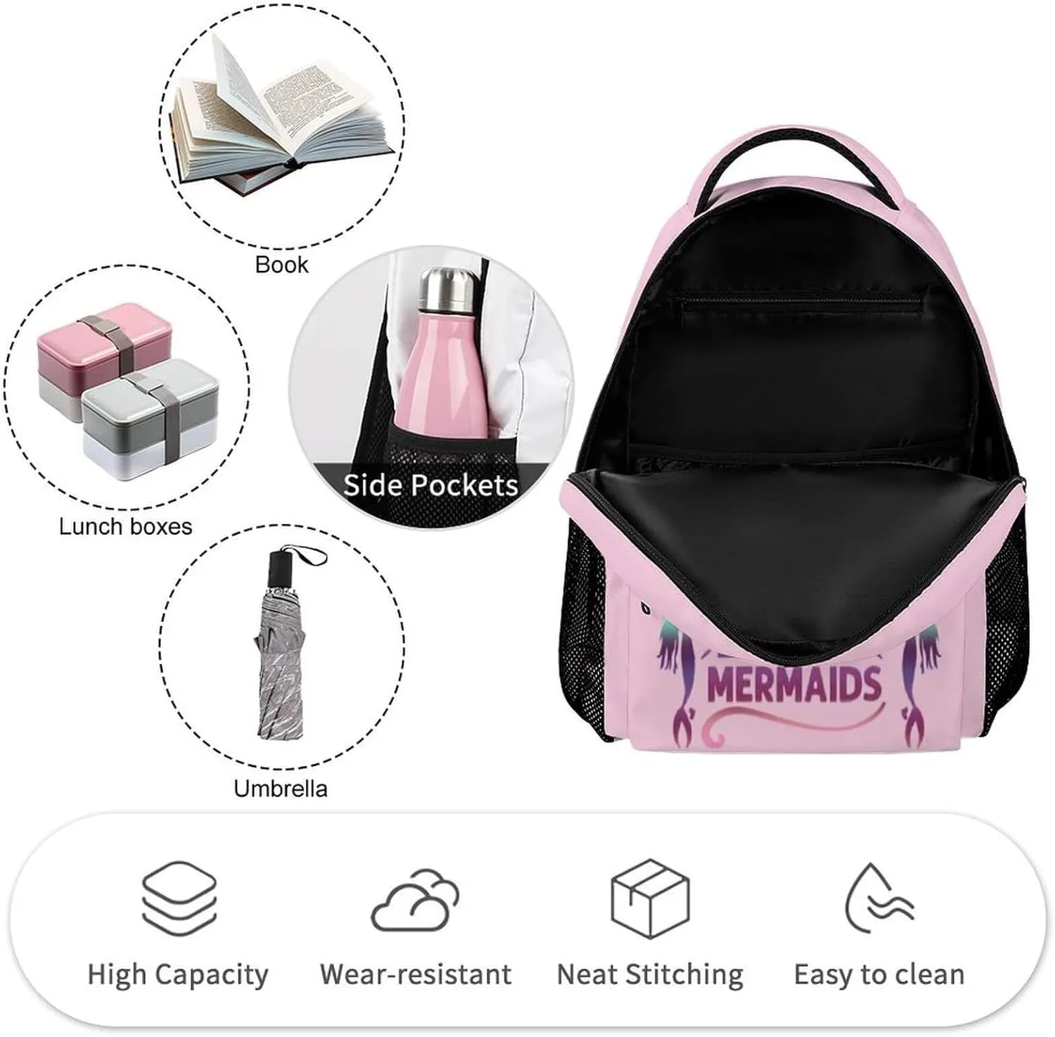 Mermaid School Backpack for Kids Girls Boys, 16 Inch Cute Mermaids Themed Bookbag, Personality School Backpack for Students Children, Lightweight, Large Capacity