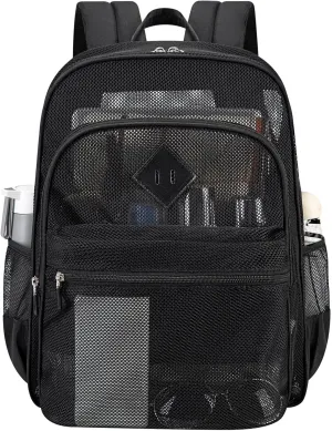 Mesh Bacpack Heavy Duty for School, Lightweight See Through College Backpack for Work Beach Sports (Black)
