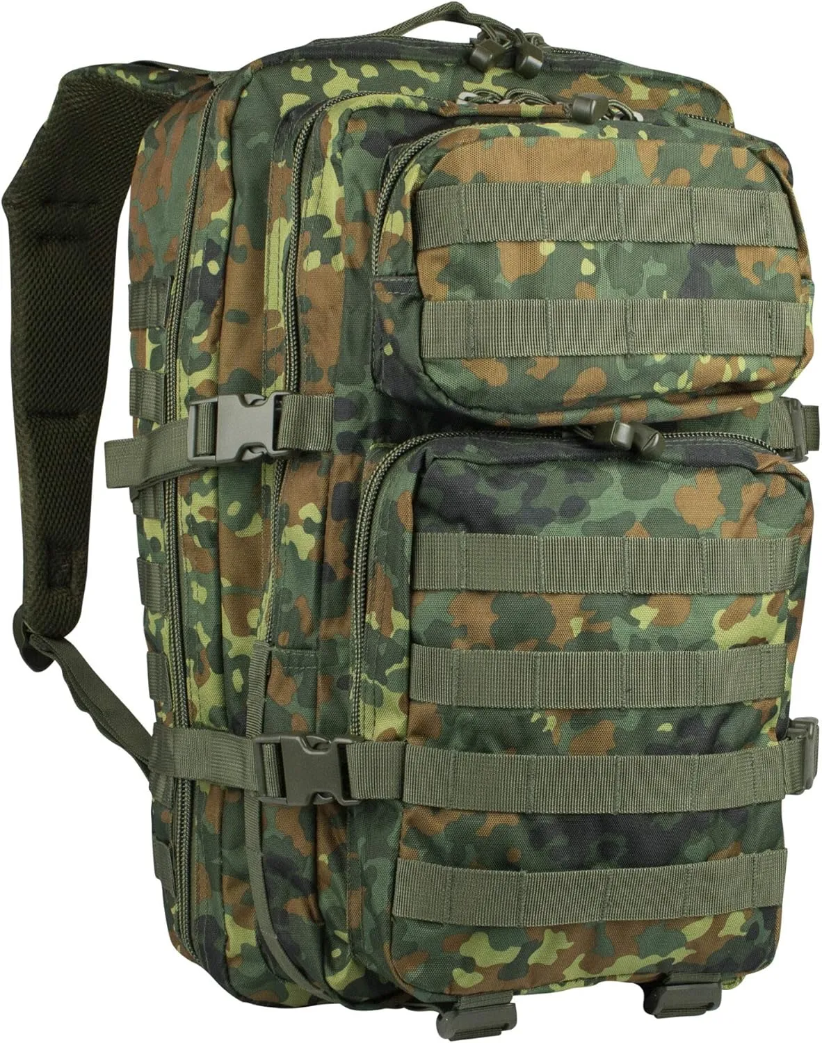Mil-Tec Unisex Assault Pack - Rugged Durable Lightweight Ergonomic Versatile Tactical Outdoor Camping Hiking Backpack with Adjustable Padded Shoulder Straps & MOLLE Loops, Flecktarn Camo, 36L
