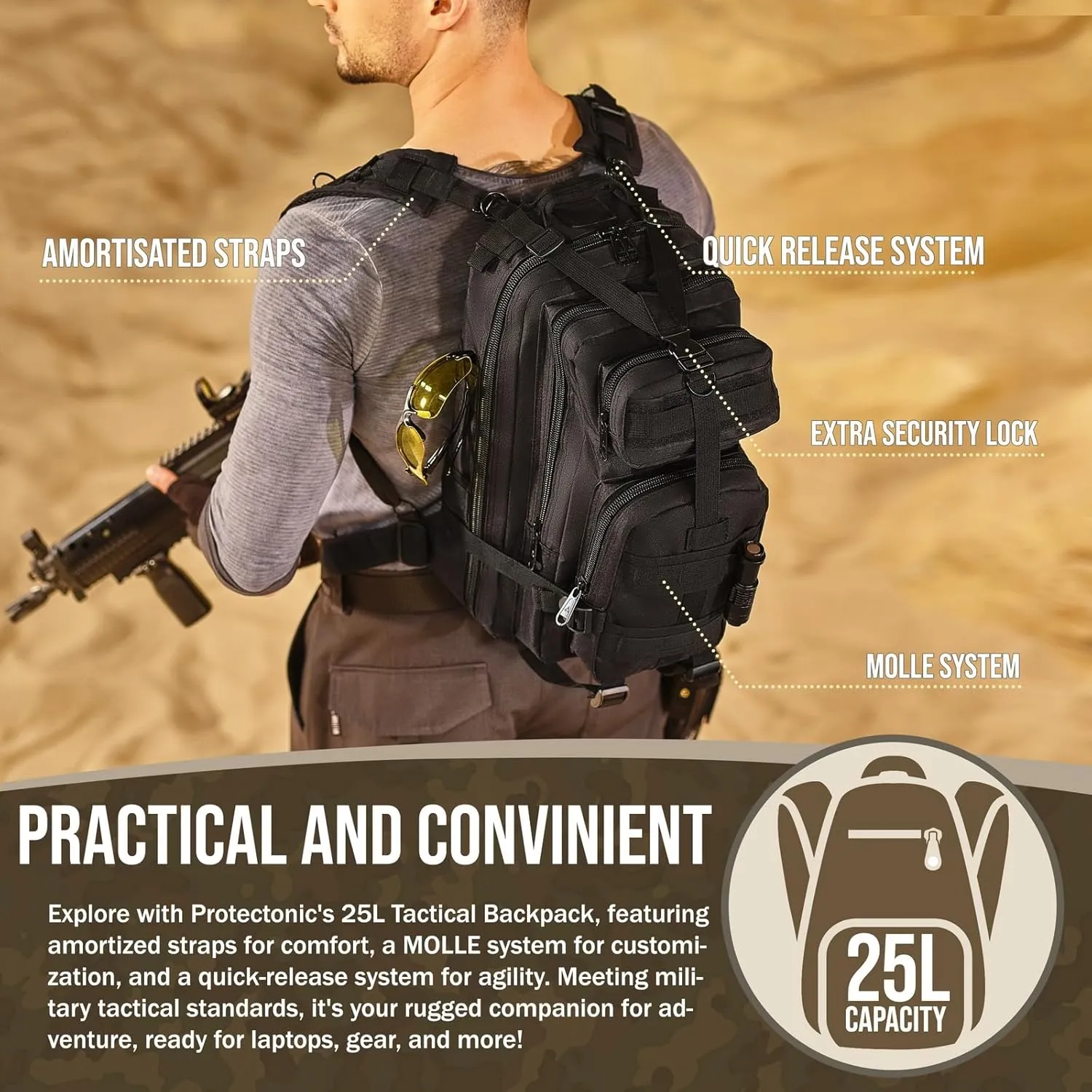 Military Rucksack – Advanced Tactical Backpack with MOLLE Modular Design – 25L Backpack for Hiking and Camping – Lightweight Black Backpack for Men – 900D Oxford Material