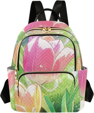 Mini Backpack Quilted Purse for Womens Small Backpack Daypack Tulips Print for Travel Daily Work,Multi1