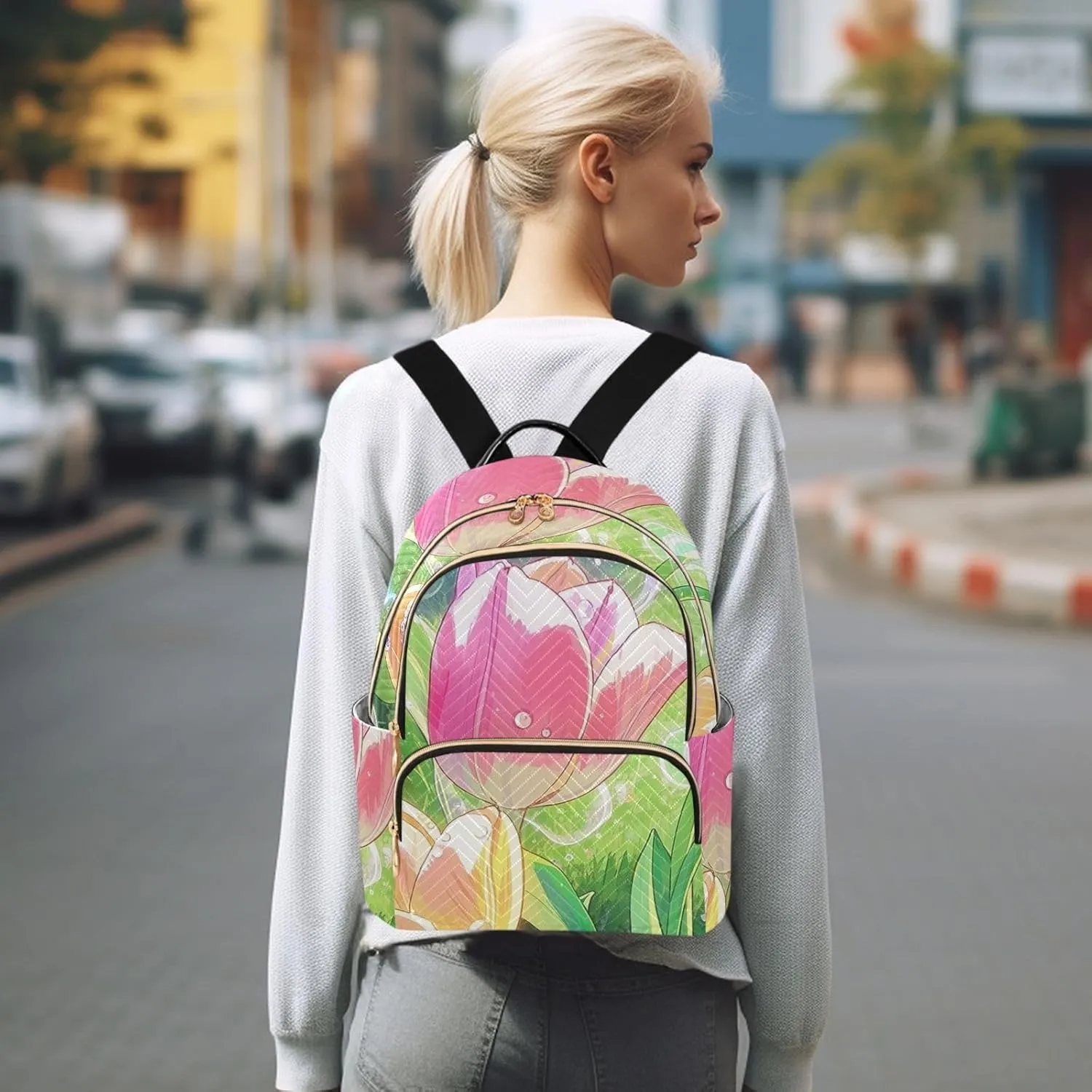 Mini Backpack Quilted Purse for Womens Small Backpack Daypack Tulips Print for Travel Daily Work,Multi1