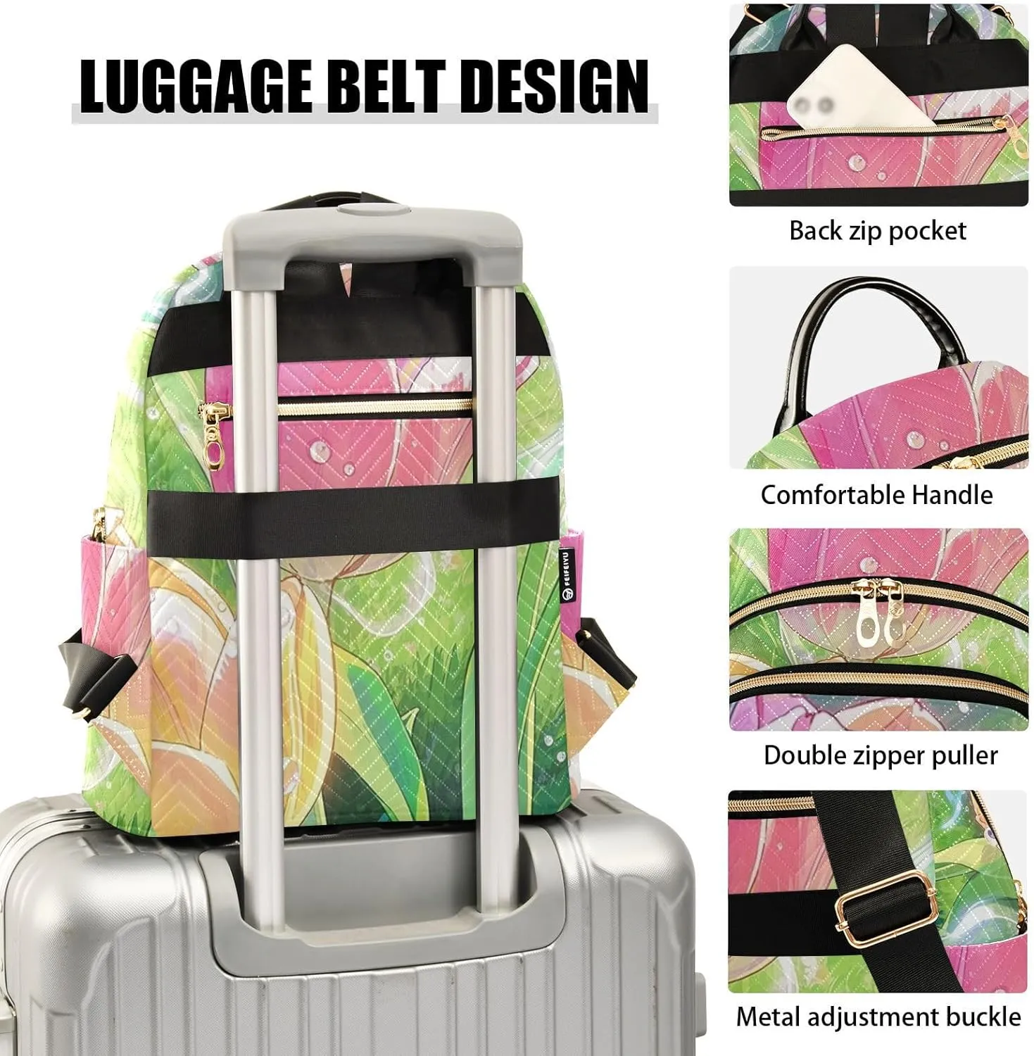 Mini Backpack Quilted Purse for Womens Small Backpack Daypack Tulips Print for Travel Daily Work,Multi1