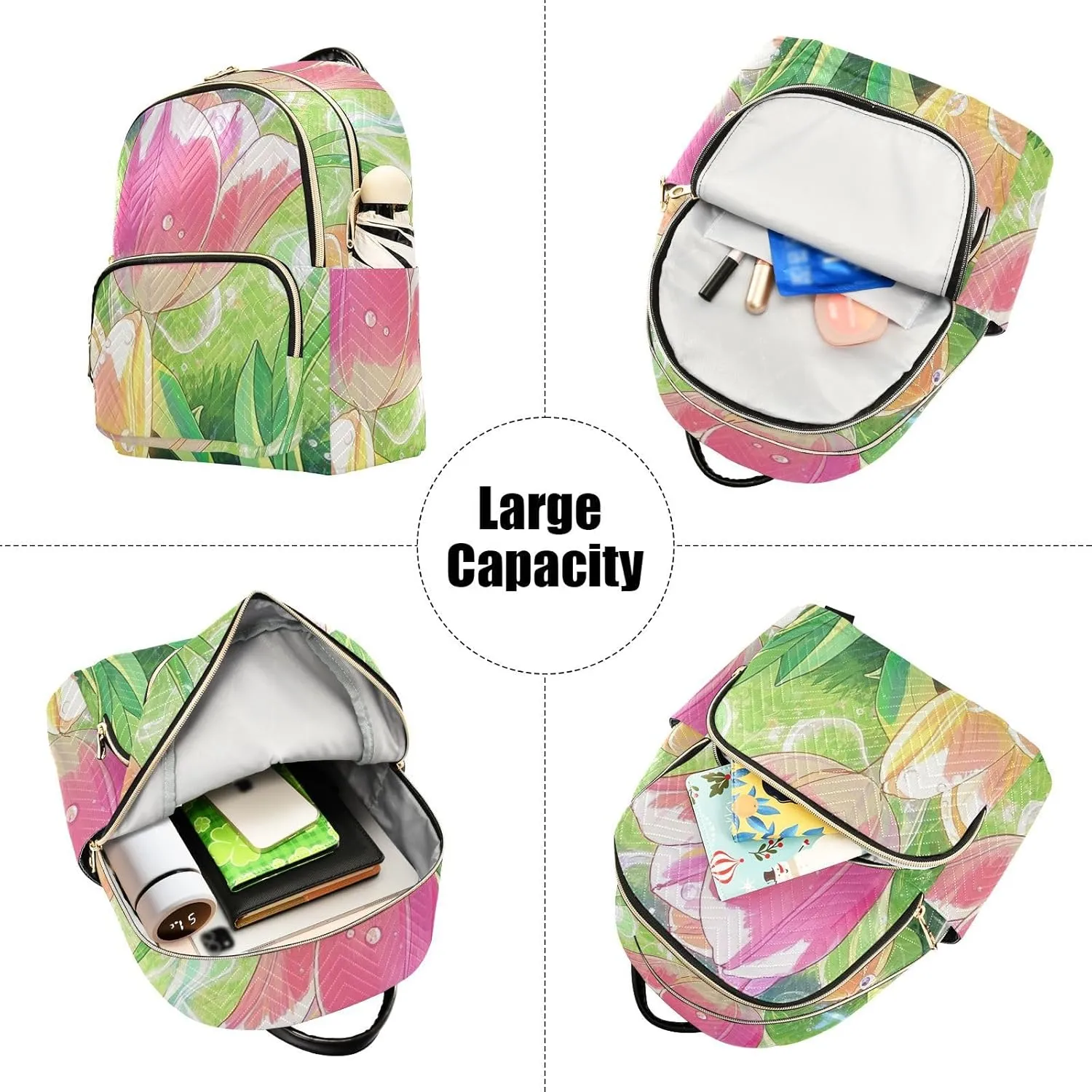 Mini Backpack Quilted Purse for Womens Small Backpack Daypack Tulips Print for Travel Daily Work,Multi1