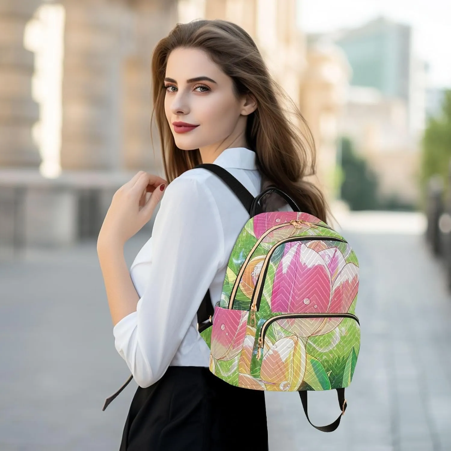 Mini Backpack Quilted Purse for Womens Small Backpack Daypack Tulips Print for Travel Daily Work,Multi1
