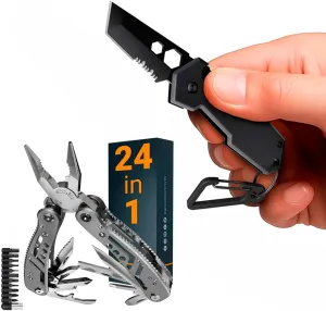 Mini Keychain Knife with Carabiner - 2" Tanto Serrated Blade - Black Multitool with Bottle Opener - Box Cutter - Liner Lock - 24-in-1 Multitool with Knife, Pliers & 11 Bits