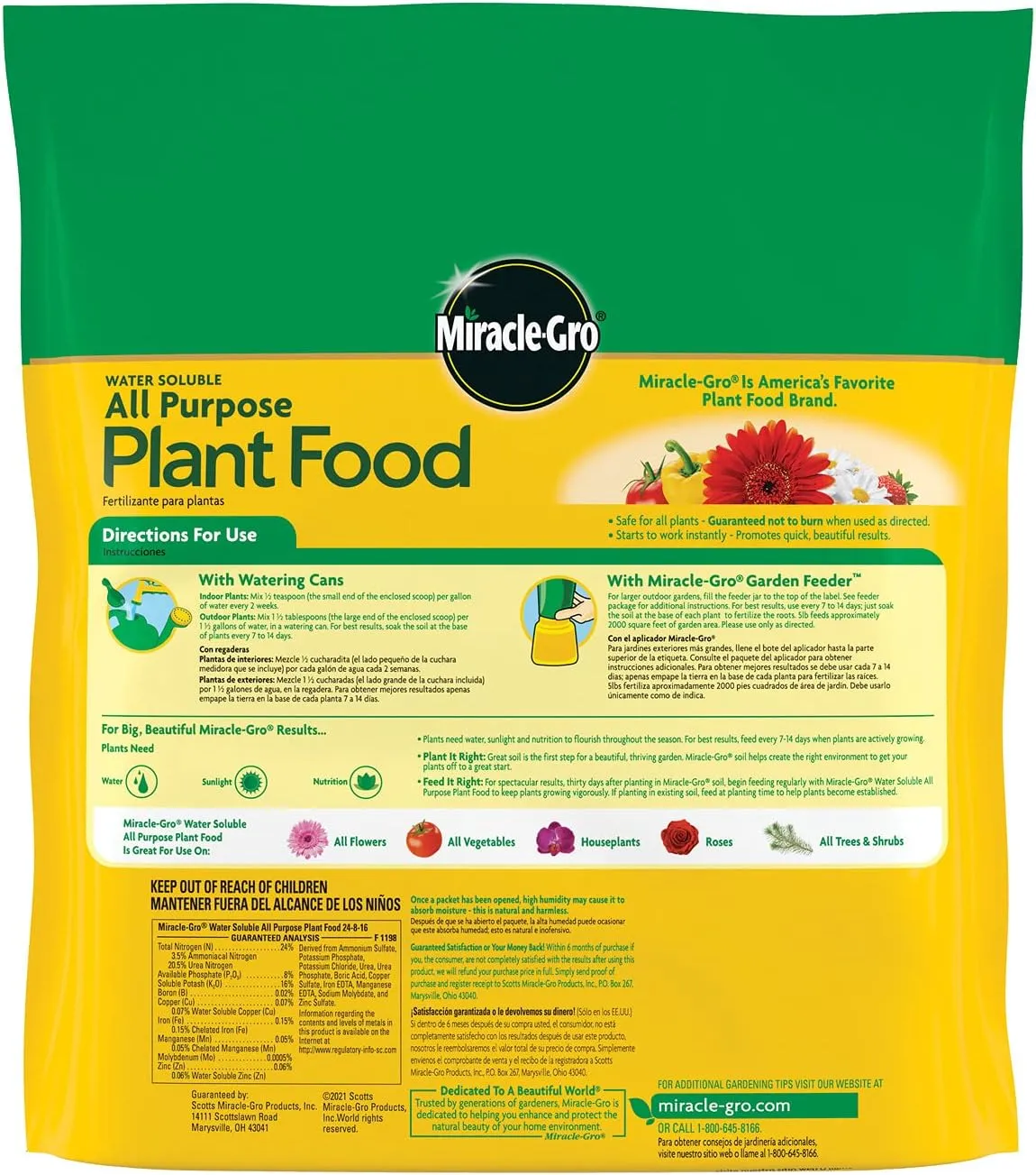 Miracle-Gro Water Soluble All Purpose Plant Food, 24-8-16, Instantly Fertilizes Plants, Waterproof Bag - 5 lb.