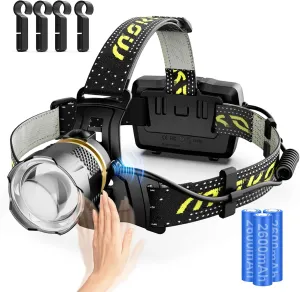 MoKo Rechargeable Headlamp 90000LM, 40H Long Lasting Battery Powered, 7 Modes Headlight with Motion Sensor, IP68 Waterproof 90° Adjustable Head Lamp, Zoomable Led Headlamp for Running Camping