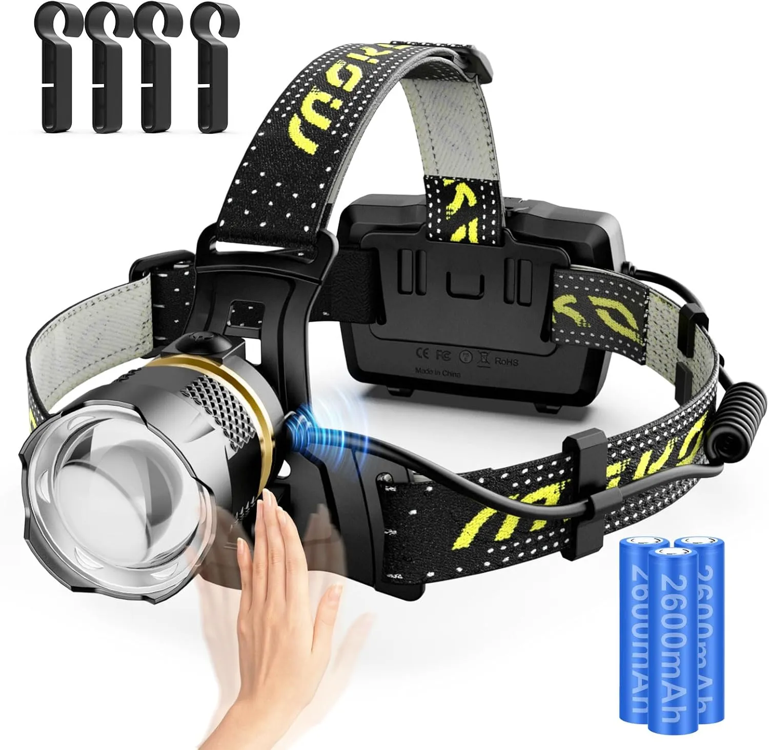 MoKo Rechargeable Headlamp 90000LM, 40H Long Lasting Battery Powered, 7 Modes Headlight with Motion Sensor, IP68 Waterproof 90° Adjustable Head Lamp, Zoomable Led Headlamp for Running Camping