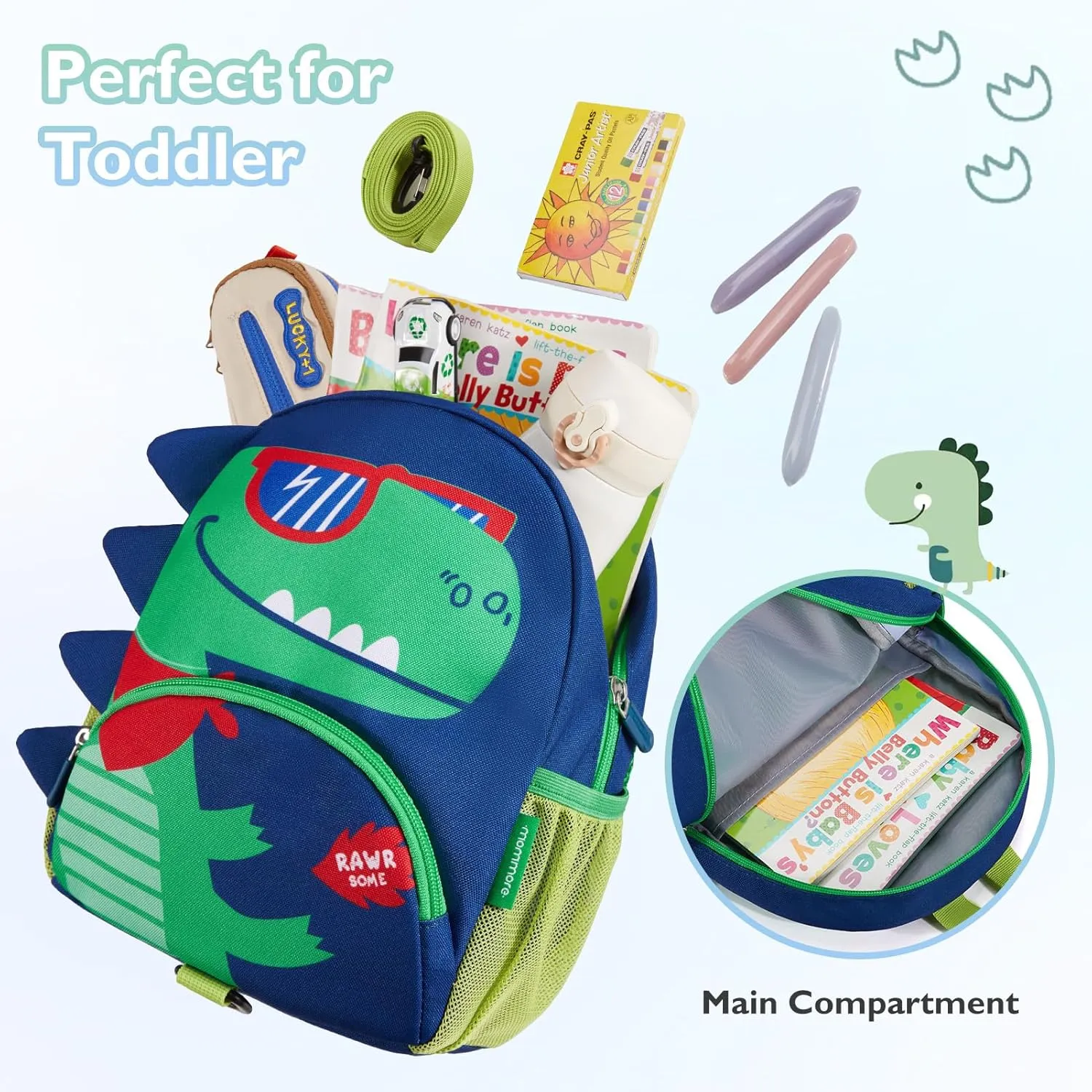 mommore Toddler Backpack for Boys 2-4, 3D Cartoon Mini Kids Travel Bag, Small Baby Backpack with Toddler Leash, Chest Buckle, Water-Resistant Pre-K Schoolbag, Dinosaur