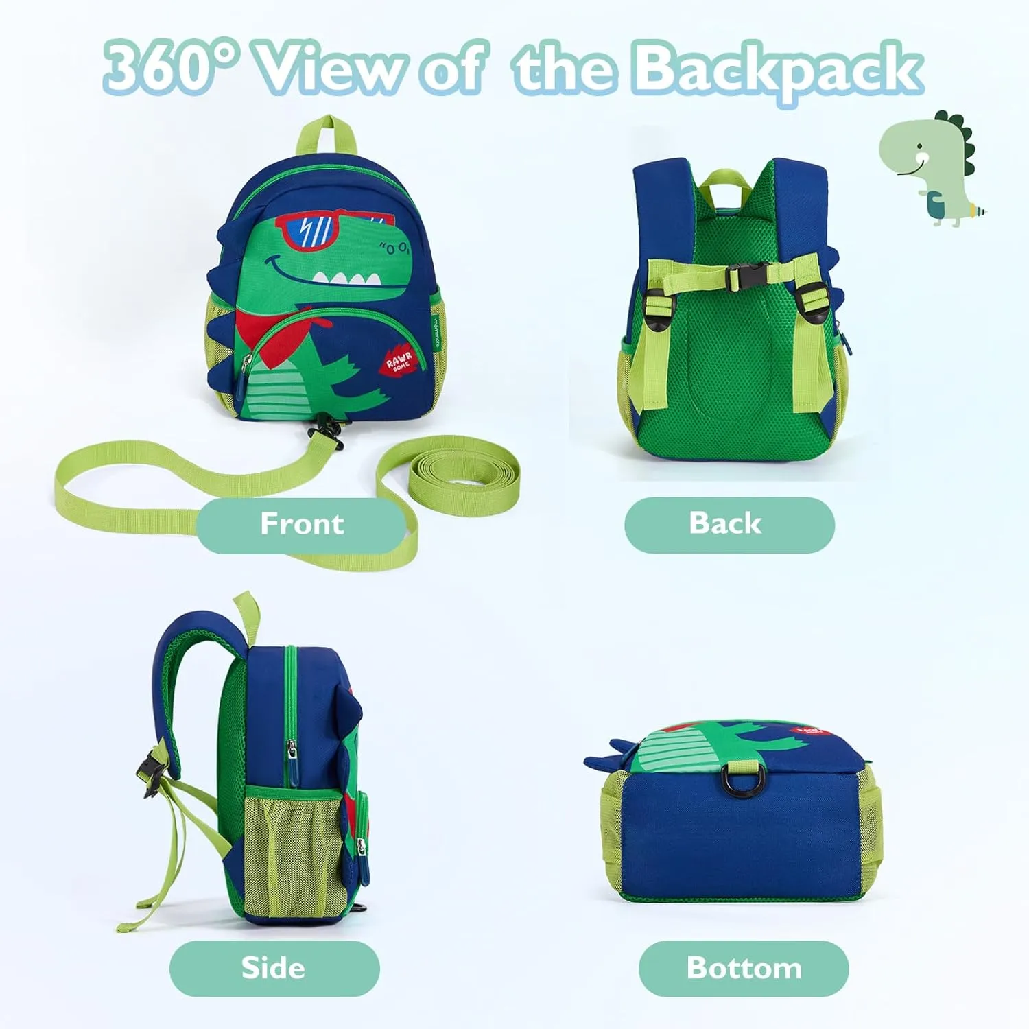 mommore Toddler Backpack for Boys 2-4, 3D Cartoon Mini Kids Travel Bag, Small Baby Backpack with Toddler Leash, Chest Buckle, Water-Resistant Pre-K Schoolbag, Dinosaur