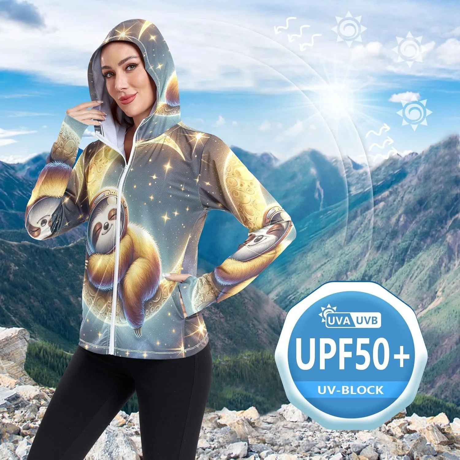 Moon Sleeping Sloth Sun Hoodie Women, Upf 50  Zip Workout Jacket, Cooling Shirt Women