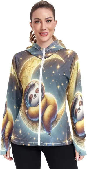 Moon Sleeping Sloth Sun Hoodie Women, Upf 50  Zip Workout Jacket, Cooling Shirt Women